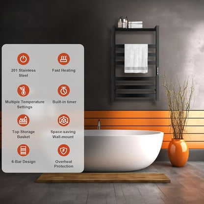Towel Warmer 6 Bars with Shelf, Stainless Steel Towel Warmer Rack | for Bathroom, Wall Mounted Towel Heater with Intelligent Touch Screen Timer, Hard Wired/Plug-in, Black - size: 6 Bars with Shelf