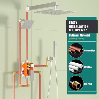 Enga Shower Faucet Set Shower System, Dual Shower Heads 10'' Rainfall with 6'' Wall Shower Head, 2 in 1 Handheld Spray with Valve Kit, Brushed Nickel - color: Brushed Nickel, style: Wall-10"+6" Head