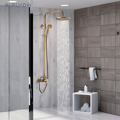 Airuida Antique Brass Exposed Shower System with Handheld Spray | Single Handle,Wall Mount,8 Inch Rainfall Shower Head,Dual Function,Exposed Pipe Fixture for Bathroom - color: Antique Brass