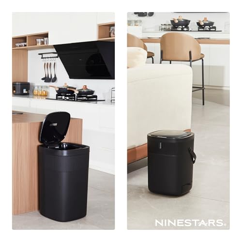 Ninestars 13.2 Gallon Automatic Trash Can, 50L + 12L Touchless Motion Sensor Garbage Can Set of 2 with Soft Close Lid, Liner Ring, Fingerprint Resistant Stainless Steel Kitchen and Bathroom, Black