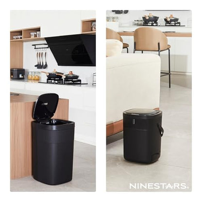 Ninestars 13.2 Gallon Automatic Trash Can, 50L + 12L Touchless Motion Sensor Garbage Can Set of 2 with Soft Close Lid, Liner Ring, Fingerprint Resistant Stainless Steel Kitchen and Bathroom, Black