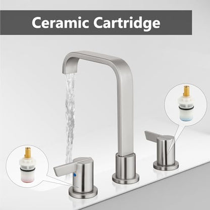 Brushed Nickel Bathroom Faucet 3 Hole 8 Inch Widespread Waterfall | 2-Handle Vanity Faucet, Pop-Up Drain, Supply Lines, Adjustable 4- to 16-Inch Widespread Fit, 360° Swivel Spout - color: Brushed Nickel