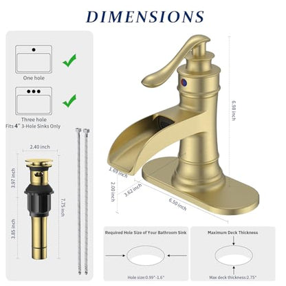 BWE Solid Brass Brushed Gold Waterfall Bathroom Faucet for Modern & Classic | Wide Waterfall Spout, Ceramic Cartridge, Fits 1 or 3-Hole Sink, Single Handle, Hardware Kit Included, Not for Vessel Sink - color: Brass Gold