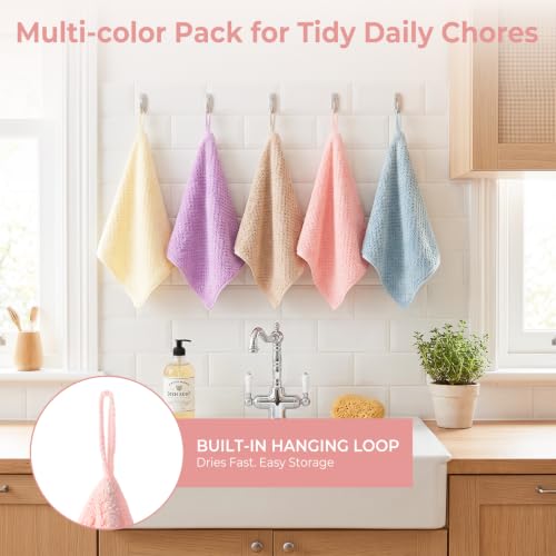 Onlup Small Towels with Hanging Loop, Hand Dry Towels | for Kitchen & Bathroom, Super Absorbent, Soft, Machine Washable Towel Fast Drying, Set of 5 - color: Beige, Pink, Purple, Gray, Blue