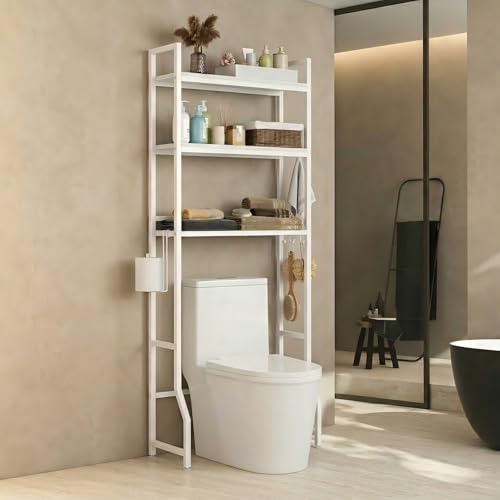 Over Toilet Bathroom Organizer with Toilet Paper Holder | White Over the Toilet Shelf, Over the Toilet Storage Cabinet, Heavy Duty Metal 3 Tier Bathroom Organizer Shelf with 3 Hooks - color: White
