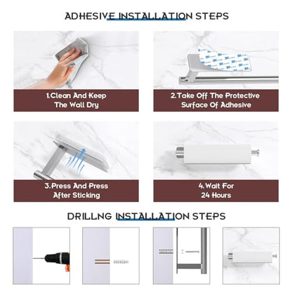 Paper Towel Holder Under Cabinet No Drilling, Self Adhesive Paper Towel Holder Wall Mount for Kitchen Rack, Under Counter Napin Holder No Drill, RV, 304 Stainless Steel, Silver - color: Silver