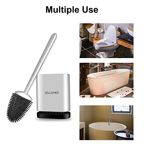 Silicone Toilet Brush, Ventilation Slots Base Holder 2 Pack Silver | Flexible Bristles Flat Head for Rim, Hair Tangle-Free, Easy to Clean, Compact Design, Rustproof Handle, for Toilet/Sink/Tub - color: Silver-2pcs