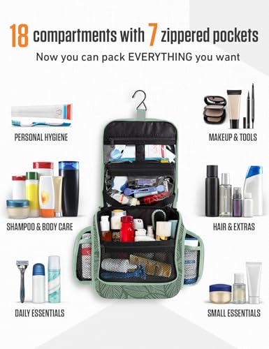 VENTURE 4TH Hanging Travel Toiletry Bag, 17 Compartments - Green Leaves | Hangs on rails, hooks or doors; stands upright too. Removable TSA pouch. Water-resistant 900D Nylon, reinforced stitching. - color: Green Leaves