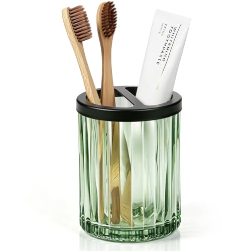 8oz Toothbrush Holders for Bathrooms, Green Striped Toothbrush Cup, Green | Bathroom Tumbler and Mouthwash Cup with Black Divider, Tooth Brush and Toothpaste Organizer for Countertop - color: Green