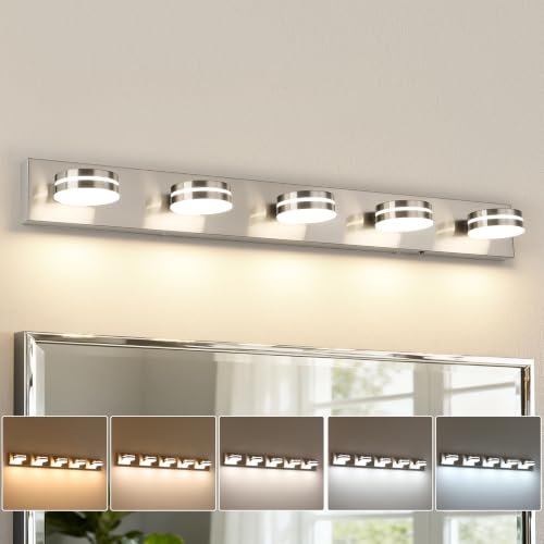 LED Brushed Nickel Bathroom Vanity Lights 5 Light 40.55in | 30W LED Bathroom Light Fixtures Over Mirror, with 360° Rotating Lamp Head, 5CCT Dimmable, Dimmer Switch Not Included - color: Nickel-5CCT-Dimmable