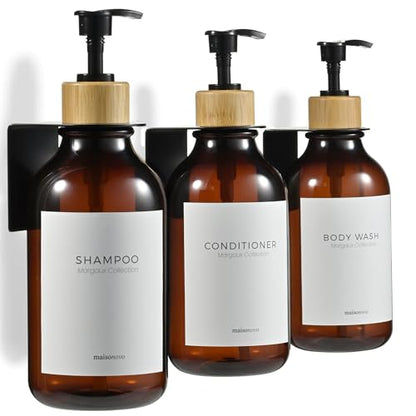 MaisoNovo Shampoo and Conditioner Dispenser|Refillable Amber Bamboo 3-Pack | 500 ml Shower Gel Dispenser Set of 3. Refillable Shampoo and Conditioner Bottles. Drill Free Secure Design. Amber Bamboo - color: Amber Bamboo Set of 3