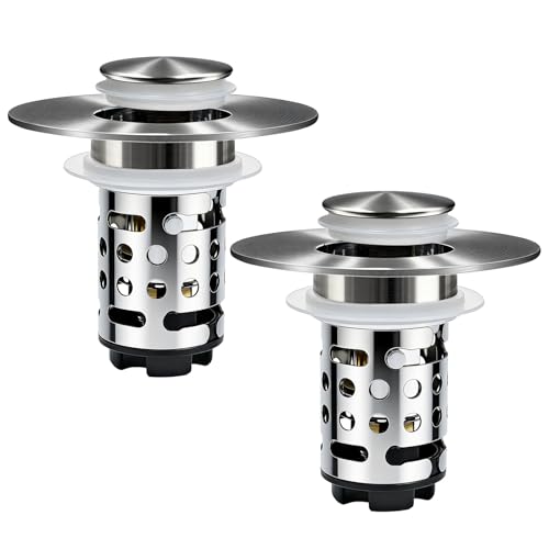 Upgraded 3 in 1 Bathroom Sink Drain Strainer, Universal Pop Up Stopper with Removable Stainless Steel Filter Basket Hair Catcher, Sink Plug for 1.1''~2.36'' Basin, Brushed Nickel Finish (2PC) - style: Brushed Nickel Finish 2PCS