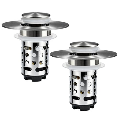 Upgraded 3 in 1 Bathroom Sink Drain Strainer, Universal Pop Up Stopper with Removable Stainless Steel Filter Basket Hair Catcher, Sink Plug for 1.1''~2.36'' Basin, Brushed Nickel Finish (2PC) - style: Brushed Nickel Finish 2PCS