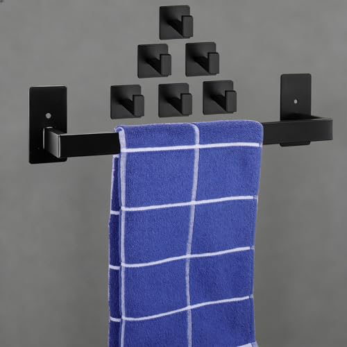 Vanloory Self Adhesive 12 Inches Square Towel Bar + 6 Pcs Adhesive Square Coat Hooks, Sturdy No Drilling Towel Rack and Robe Hook Premium 304 Stainless Steel Bathroom Accessories for Bathroom Kitchen
