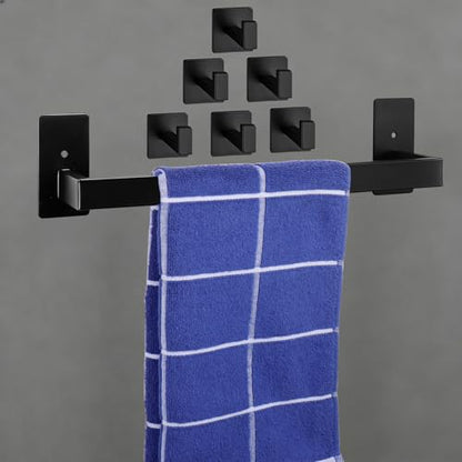 Vanloory Self Adhesive 12 Inches Square Towel Bar + 6 Pcs Adhesive Square Coat Hooks, Sturdy No Drilling Towel Rack and Robe Hook Premium 304 Stainless Steel Bathroom Accessories for Bathroom Kitchen
