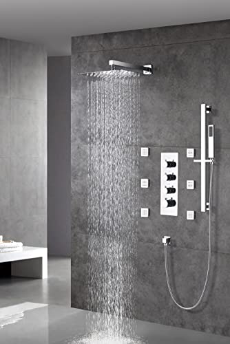 Cascada Luxury 12” Rainfall Shower set (Wall Mounted) with 4 knob thermostatic Valves & 3 functions (Rainfall, Body jets & Hand Shower) (Brushed Nickel) - color: Brushed Nickel