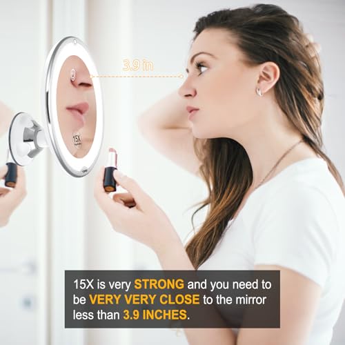 Flexible 15X Magnifying Suction Mirror - Dimmable LED Vanity Mirror, Power Suction Cup, Portable for Home Bathroom - Ideal for Detailed Makeup Eyeshadow Eyeliner (Medium)
