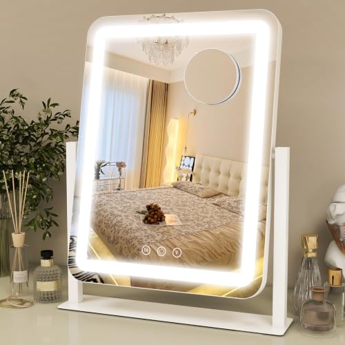 ROLOVE Vanity Mirror with Lights 14.6x13 Inch, Smart Touch Control, 3 Color Lighting Modes, Table Top Mirror with Stand for Bedroom - size: 14.6"L x 13"W