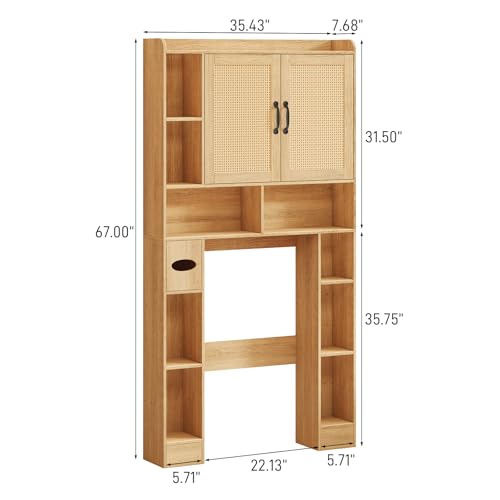 Vabches Farmhouse Style Rattan Over-The-Toilet Storage Cabinet with 2 Rattan Doors, Toilet Paper Holder - Space-Saving Oak Bathroom Organizer. - color: Rattan Oak