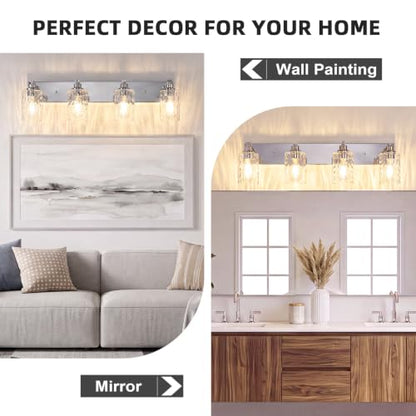 4-Light Bathroom Light Fixtures Modern Chrome Vanity Lights | Easy to Install Clear Hammered Glass Shades, Rippled Glow, Wall Mount Up or Down, E26 Socket, Hardwired, 120V - color: Chrome Hammer, size: 4 Lights