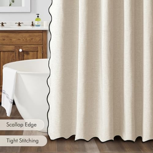 MIULEE Beige Scalloped Shower Curtain Linen Textured with 12 Metal Hooks Cute Heavy Duty Washable Waterproof Neutral Thick Cloth Shower Curtains with Black Border for Bathroom Bathtub,W72*L72 Cream | Linen Textured, Waterproof, Washable, 12 Metal Hooks, H