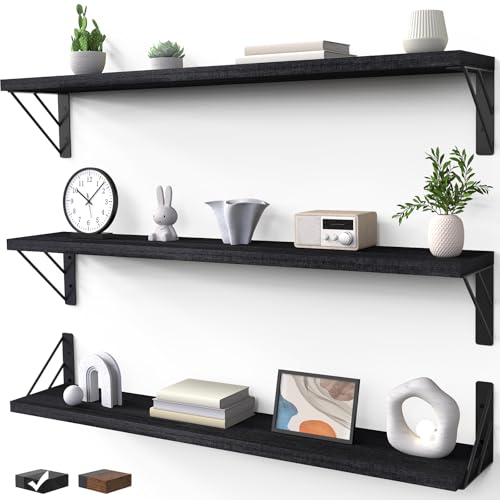 BAYKA Wall Mounted Floating Shelves, Wood Floating Wall Shelf for Books & Decor, Small Space-Saving Display & Organizer（Black，36in，Set of 3） - color: A. Black Board & Black Brackets, size: 36-inch Standard