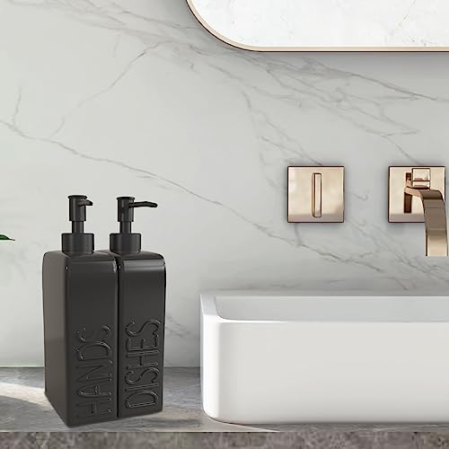 Soap Dispenser Set with Stainless Steel Pump, 2 Pack Ceramic Refillable Dish Soap and Hand Soap Dispenser for Kitchen, Bathroom, Matte Black - color: Black