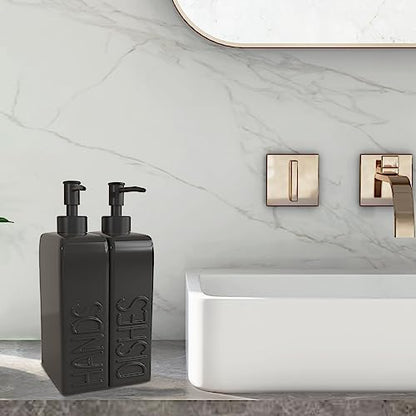 Soap Dispenser Set with Stainless Steel Pump, 2 Pack Ceramic Refillable Dish Soap and Hand Soap Dispenser for Kitchen, Bathroom, Matte Black - color: Black