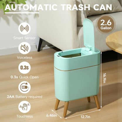 Touchless Bathroom Trash Can with Lid, Cute Tall Green Wastebasket | Waterproof,Narrow,Automatic,Convenient and Hygienic Easy to Use，2.6 gallon Small Garbage bin for Bedroom, Office，Living Room - color: Green