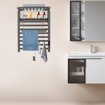 Towel Warmer Rack, Wall Mounted Electric Heated Towel Rack for Bathroom, 8 Bars Aluminum Towel Warmers, with Intelligent Touch Screen, Temperature Control & Timer (Dark Grey)