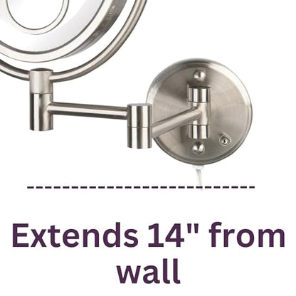 JERDON Lighted Wall-Mount Makeup Mirror - 10X/15X - Nickel - HL9515NL | Two-Sided 8" x 10" Oval Frame, 14" Wall Arm, LED, Plug-In Power - color: Nickel Plug in