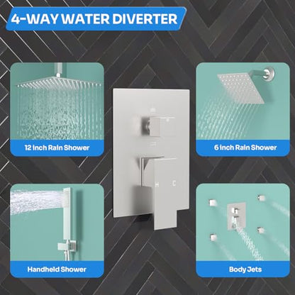 Enga Dual Shower Head Shower System with Body Jets, 12" Ceiling Mounted Rain Shower Head & 6" Wall Mounted Head Full Body Rainfall Shower Faucet with Valve Kit, Brushed Nickel - color: Brushed Nickel, style: Ceiling-12"+6"+Jets