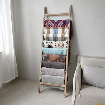 Blanket Ladder, 24 in Wide 11-Rung Wood Rustic Decor Rack | 11 rungs and 24in wide, Solid wood visible grain, Angled lean-to design, Anti-slip support, Living room and bathroom use
