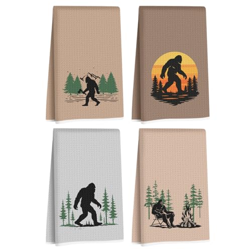4Pcs Bigfoot Hand Towels Funny Big Foot Sasquatch Gifts Reusable Dish Towel - color: Multi 1713