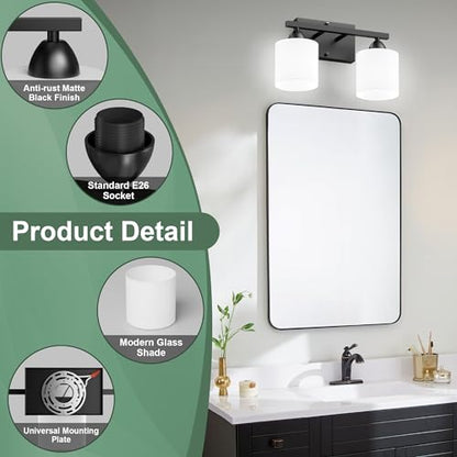 Black Bathroom Lights Over Mirror, Anti-rust Vanity Light Fixture for Bathroom, Modern 2-Light Wall Sconce Light for Living Room, Standard E26 Base, Milky White Glass Shades, Bulbs Not Included - color: Black-2Light
