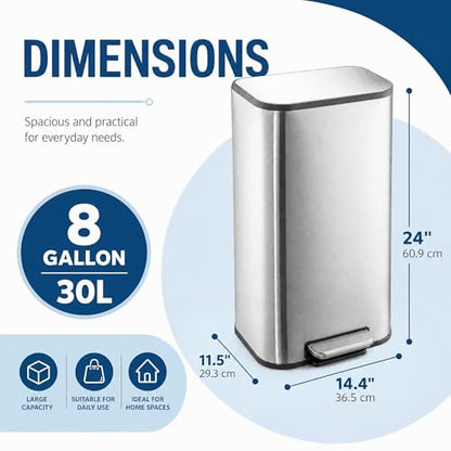 GarveeHome 8 Gal Kitchen Trash Can, Stainless Steel Garbage Can, Silver | Soft Close Lid, Hands-Free Foot Pedal, Removable Inner Bucket, Rectangular Step On Waste Bin for Home Office Living Room - color: Stainless Steel, size: 30 L