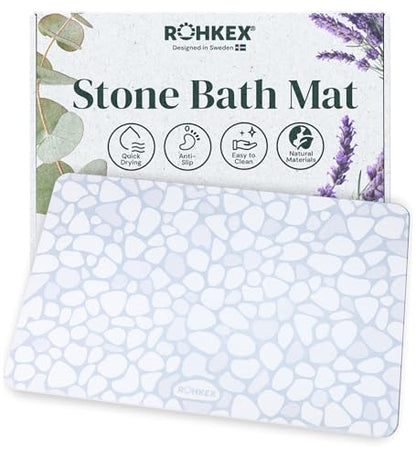 ROHKEX Stone Shower Mat - Diatomite Blue & White, 15x24, Non-Slip | Diatomaceous earth mat - fast-drying, non-slip, textured - Use for bathroom & shower floor, easy clean - color: Blue - White