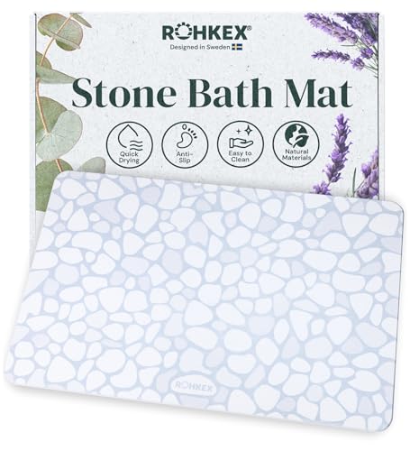 ROHKEX Stone Shower Mat - Diatomite Blue & White, 15x24, Non-Slip | Diatomaceous earth mat - fast-drying, non-slip, textured - Use for bathroom & shower floor, easy clean - color: Blue - White