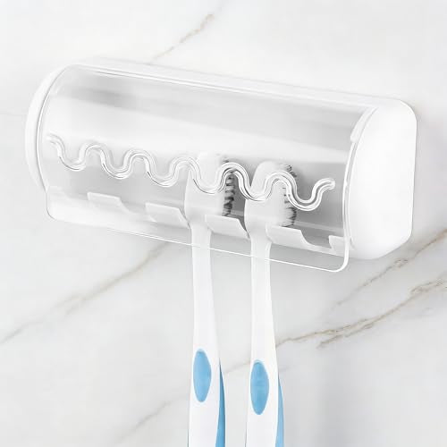 1 PCS Self Adhesive Toothbrush Holder with Cover for Bathroom, 5-Slot Wall Mounted Toothbrush Organizer Rack for Shower, Dorm, Cabinet (White) - color: White, size: 1 Pack