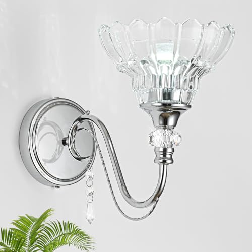 1 Piece Brushed Chrome Finish Wall Sconce, 1-Light Modern Wall Sconce with Hanging Crystal Accents and Flower-Shaped Clear Shades for Bathroom Bedroom Living Room,Modern Vanity Light - color: Chrome, size: 1-Light