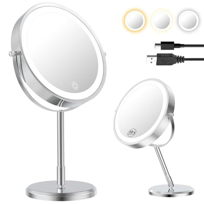 1X/10X Double Sided Travel Makeup Mirror with Lights, Chrome | 7" Lighted Makeup Mirror with Magnification for Traveling, Standing Alone, Rechargeable, Dimmable, 3 Lighting Colors, Silver