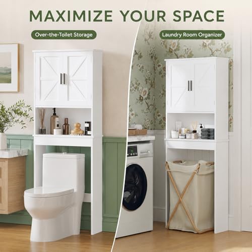 66" H White Bathroom Cabinet Over Toilet with Doors; Adjustable Shelf Bathroom Organizer Unit Featuring Freestanding MDF Wood Over the Toilet Cabinet Frame for Restroom (B) - color: B