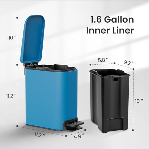 Cesun Small Bathroom Trash Can with Lid, 1.6 Gal, Soft Close, Blue | Step pedal soft close, Slim 5.9in fits narrow spaces, Stainless steel, Anti-fingerprint, Removable inner bucket, Odor seal - color: Blue