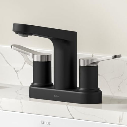 KRAUS Indy Centerset Bathroom Faucet in Spot-Free Brushed Nickel/Matte Black with 2 Handles, Pop Up Drain and Supply Lines, FUS-14102SFBNMB - color: Spot Free Brushed Nickel/Matte Black, style: Centerset