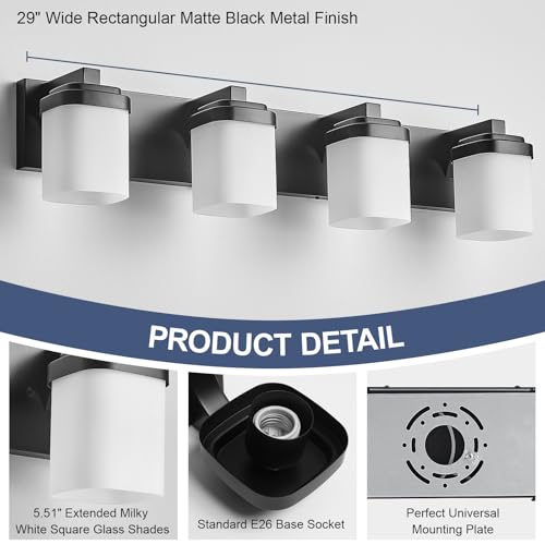 29 Inches Bathroom Vanity Light, 4-Light Black Bathroom Light Fixtures Over Mirror, Bathroom Light Shower Lamp with Milky White Square Glass Shade, Modern Farmhouse Lighting Fixtures - color: Black, size: 29 Inch : 4-lights