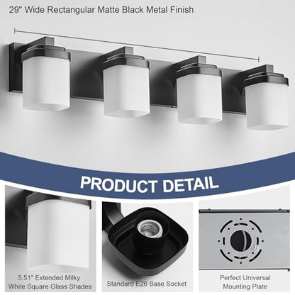 29 Inches Bathroom Vanity Light, 4-Light Black Bathroom Light Fixtures Over Mirror, Bathroom Light Shower Lamp with Milky White Square Glass Shade, Modern Farmhouse Lighting Fixtures - color: Black, size: 29 Inch : 4-lights
