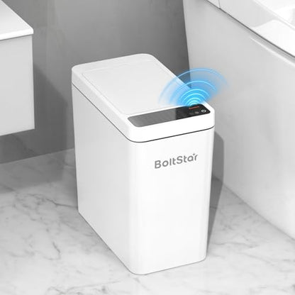Solar Automatic Bathroom Trash Can: 2.6 Gallon Small Motion Sensor Garbage Can, No Charging Required, Slim Smart Touchless Trash Bin with Lid for Bedroom, Living Room, Office, RV, White - size: 2.6 gallons