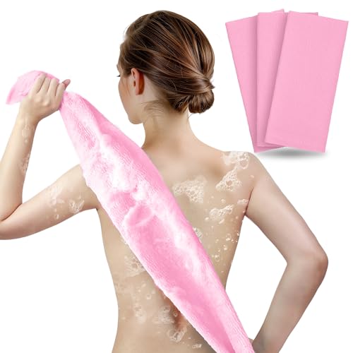 ARCH&M Back Scrubber & Exfoliating Washcloth, 3 Pack | 35-Inch Japanese Towel, Premium Nylon Mesh, For Back Acne & Rough Skin, Full Body Cleansing - style: Red x 3