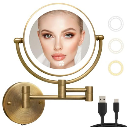 Lighted Wall Mounted Makeup Mirror with Magnification Antique Brass | Bathroom 1X/10X Magnifying, 8-Inch, 3 Color LED Touch Dimmable, Extendable Arm Vanity Shaving, Rechargeable Battery Operated - color: Antique Brass