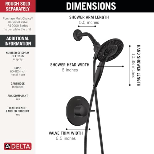 Delta Albion 14 Series Matte Black Shower Faucet Set with In2ition 2-in-1 Dual Shower Head with HandHeld Spray Combo, Valve Trim Kit, Matte Black T142855-BL-I (Valve Not Included) - color: Matte Black